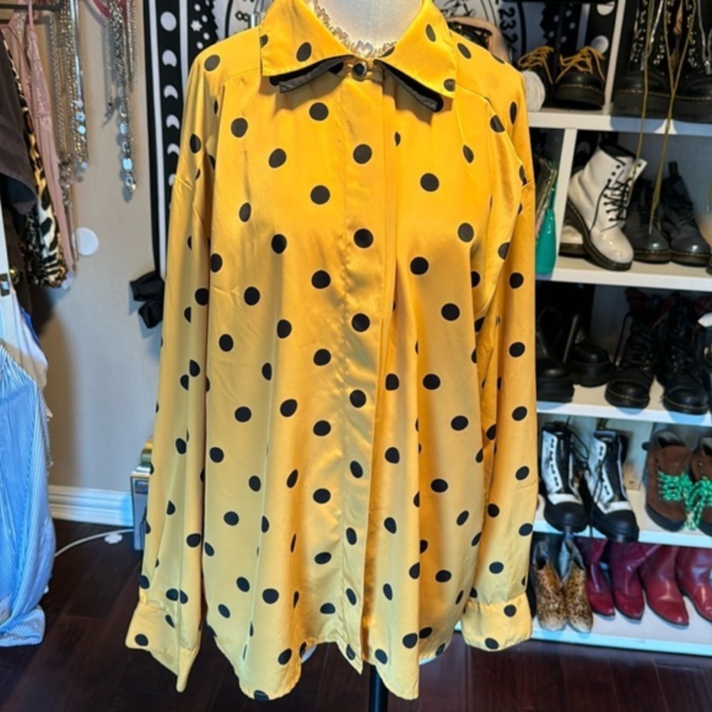 Josephine double collar shirt vintage polka dot button down yellow & black sz 24